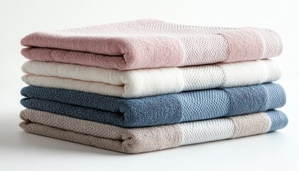 Neatly folded pastel towels stacked on a white surface, cozy and inviting vibe isolated white background