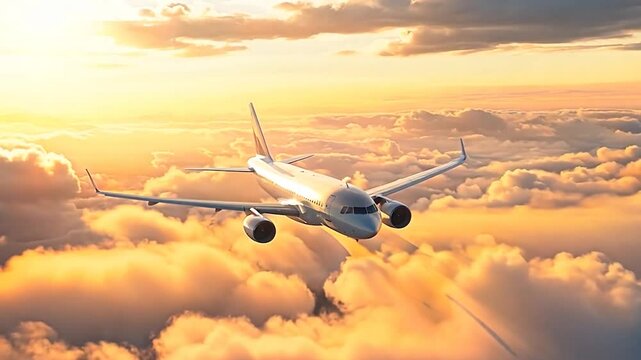 Aerial view of plane above the clouds. Big jet airplane flying over the sky in beautiful sunset light. Seamless loop animation in 4K, 16 Bit depth