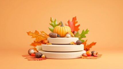 A beautiful display of autumn leaves and a pumpkin on a tiered white cake stand against a warm orange backdrop.