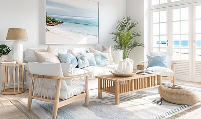A light-filled coastal living room with ocean-themed décor and light furnishings in a calm seaside house, Generative AI.