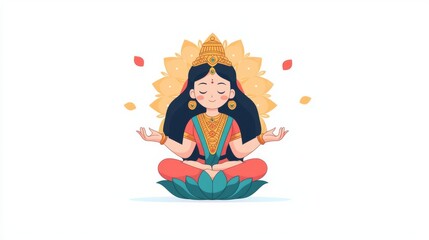 Obraz premium Illustration of a serene woman meditating in lotus pose, surrounded by floral elements, radiating peace and spirituality.