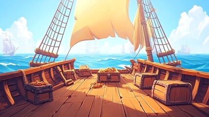 Pirate ship deck with treasure chests cannons and torn sails sunny sea backdrop playful cartoon style