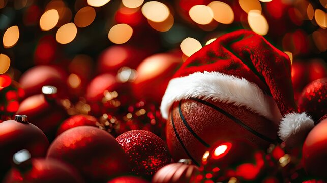 A festive basketball adorned with a Santa hat among holiday ornaments and lights.