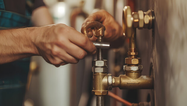 Master plumber connects the brass fittings to the faucet with an adjustable wrench. Close-up of a foreman is hands while working in a workshop