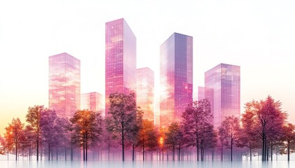 Obraz premium A stunning urban landscape featuring skyscrapers surrounded by vibrant trees at sunset, creating a captivating city view.