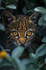 A captivating close-up of a wild cat with piercing amber eyes peering through lush foliage. Perfect for wildlife themes, nature photography, and conservation projects.