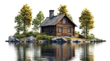 Obraz premium Quaint wooden cabin on a tiny island detailed textures whimsical rustic style peaceful water setting isolate white background