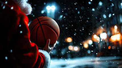 A festive scene featuring a person in Santa attire holding a basketball in snow.