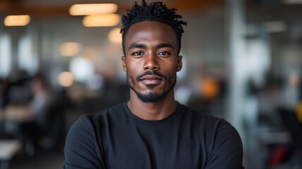 Fototapeta premium The image portrays a confident, casually dressed man in a black top, standing strong with a composed expression, set within a contemporary office environment.