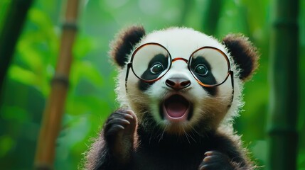A playful panda wearing glasses, expressing joy in a lush green bamboo forest.