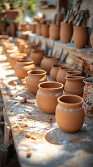 Handcrafted pottery drying in sunlight.