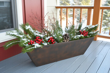 Winter porch planter with snow-covered pine branches, red berries, and pinecones, creating a festive holiday decoration outdoors