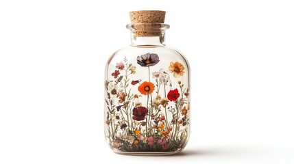 Clear glass bottle with floral design and cork lid vintage look isolate white background