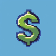 Obraz premium Pixel art dollar sign in green on light blue background. Retro finance icon.
