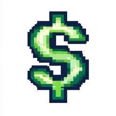 Fototapeta premium Vintage pixel dollar sign in green tones on white background. Retro gaming style.