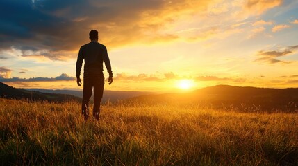 A silhouette of a person standing in a field at sunset, embodying serenity and reflection.