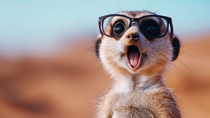 A surprised meerkat wearing glasses, capturing a moment of curiosity in the wild.