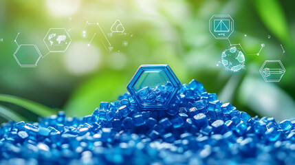 Pile of blue plastic polymer granules with a chemical structure overlay, symbolizing sustainable materials and eco-friendly production in a green environment