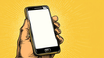 Hand holding smartphone with blank screen. Pop art style illustration on yellow background with rays.