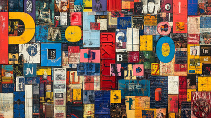 Fototapeta premium Abstract Collage of Colorful Letters and Numbers on Wood Panels