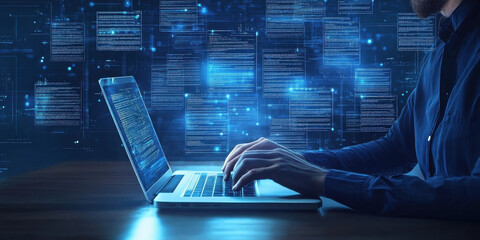 Man typing on laptop, glowing electronic document files and digital signature
