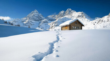 "An untouched winter landscape in Switzerland, with fresh snow beneath a clear blue sky. A solitary trail of footprints winds toward a small wooden cabin, framed by distant mountain peaks."






