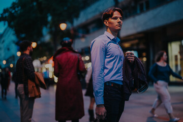 A confident young professional stands on a bustling city street in the evening, holding his jacket....