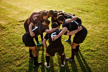 Rugby, team and talking together for huddle, motivation and game field for match preparation. Above...