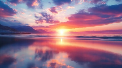 A vibrant sunset over the ocean with colorful clouds and a reflection in the water.