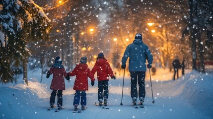 A family of four cross-country skis under a snow-filled night sky lit by streetlights.