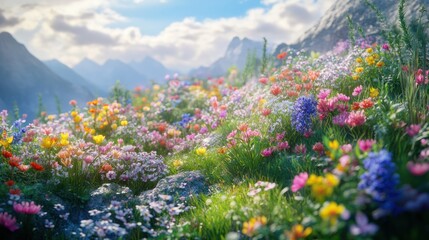 A vibrant meadow of wildflowers blooms in the foothills of a mountain range under a sunny sky.