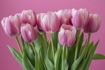 Fototapeta premium bouquet of tulips. pink tulips in a vase against pink background. close up. AI Generated