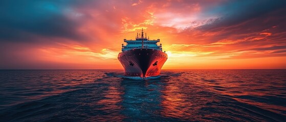 Fototapeta premium Large cargo ship sailing on ocean water with a bright orange sunset in the background.