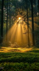 Sunlight beams through trees.