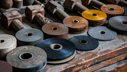 Fototapeta premium Set of abrasive tools and grinding discs on the background of sandpaper. Essential tools for master builder