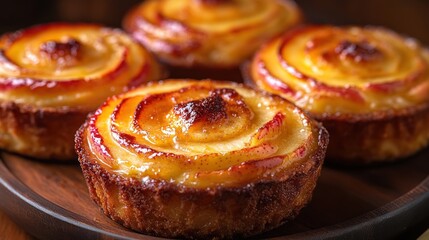 Delicious apple tarts arranged on a wooden plate.