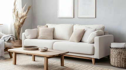 Minimalist Scandinavian Living Room with Light Gray Walls, Soft White Sofa, and Simple Wooden Coffee Table for a Serene, Airy Atmosphere