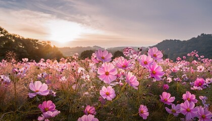 soft pink cosmos flowers bloom in a dreamy ethereal field