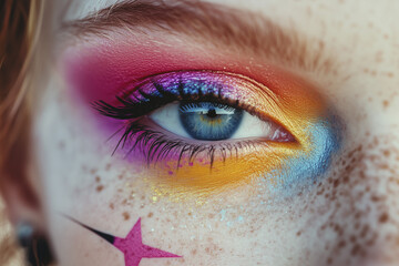 close up of a female eye with bright trendy make up in yellow violet colors. Make up for women,...