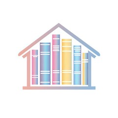 Minimalistic logo design of a library represented by books forming a house structure in gradient pastel colors. Ideal for educational or literary branding.