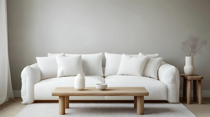 Minimalist Scandinavian Living Room with Light Gray Walls, Soft White Sofa, and Simple Wooden Coffee Table for a Serene, Airy Atmosphere
