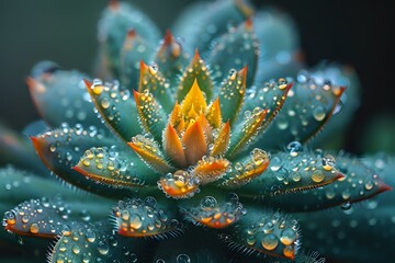 Fototapeta premium Magical lotus flower with golden center and turquoise petals covered in sparkling water drops, perfect for spiritual wellness, meditation and spa designs.