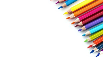 Fototapeta premium A vibrant collection of colored pencils arranged diagonally on a white background, creating a striking visual with ample copy space for text or designs.