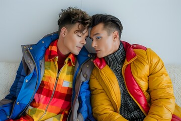 Young diverse male couple in colorful winter jackets sharing intimate moment against gray wall, LGBTQ lifestyle and relationship concept perfect for diversity and inclusion campaigns.