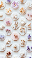 Dried flowers arranged in hexagons highlight their intricate details and colors in a unique display