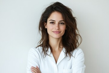Fototapeta premium A smiling woman with wavy hair wears a white shirt, exuding confidence and warmth against a simple, neutral background in this engaging portrait.