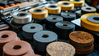 Set of abrasive tools and grinding discs on the background of sandpaper. Essential tools for master builder