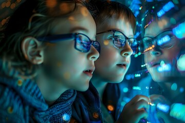 Obraz premium Two curious children wearing glasses, mesmerized by glowing, colorful lights reflecting futuristic digital data streams. Perfect for themes of technology, learning, and innovation.