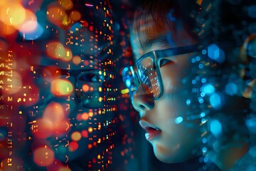 A futuristic portrait of a young person wearing glasses, reflecting vibrant, colorful lights resembling digital data streams. Perfect for themes of technology, innovation, and the digital world.