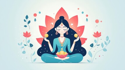 Colorful illustration of a serene woman meditating amidst flowers and a lotus background, embodying peace and tranquility.